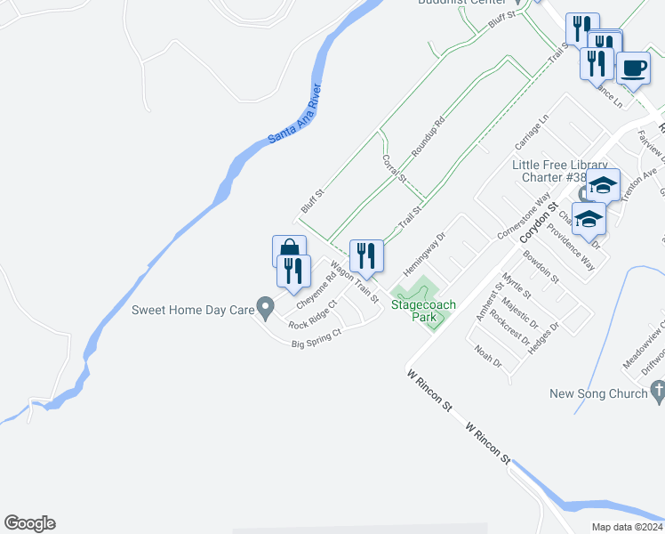 map of restaurants, bars, coffee shops, grocery stores, and more near 954 Cheyenne Road in Corona