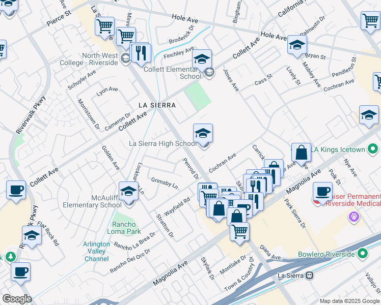 map of restaurants, bars, coffee shops, grocery stores, and more near 4145 La Sierra Avenue in Riverside