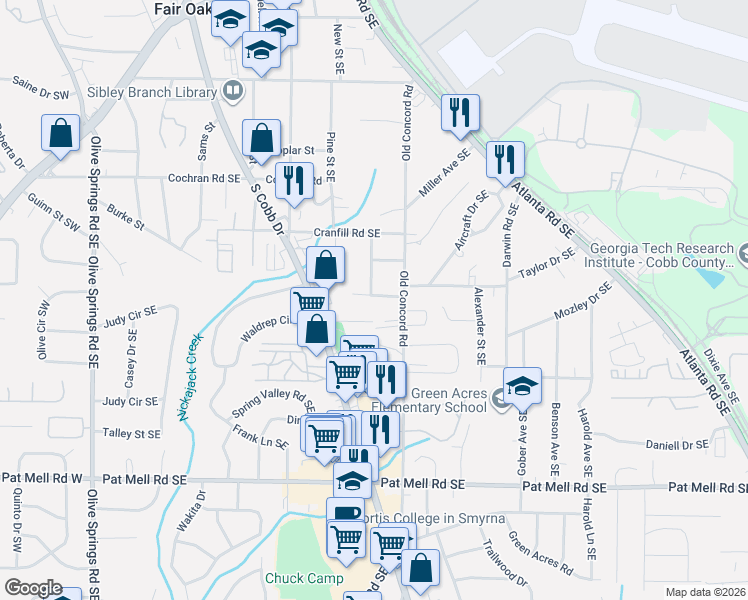 map of restaurants, bars, coffee shops, grocery stores, and more near 411 Warner Street Southeast in Marietta