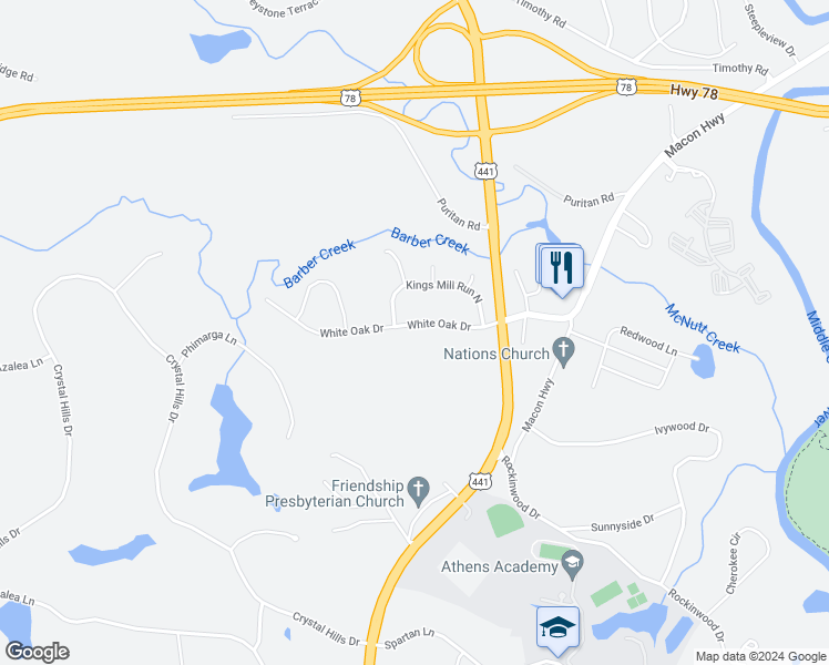 map of restaurants, bars, coffee shops, grocery stores, and more near 1203 White Oak Drive in Athens