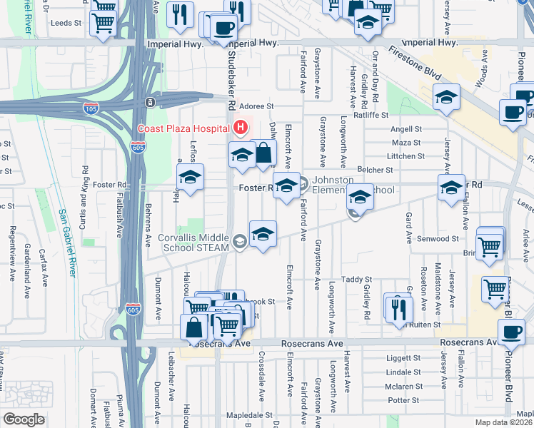 map of restaurants, bars, coffee shops, grocery stores, and more near 13423 Dalwood Avenue in Norwalk