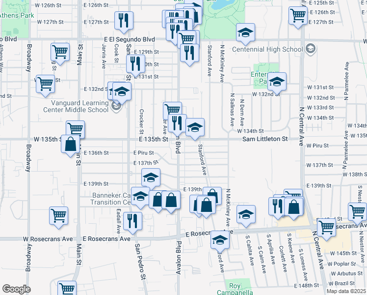 map of restaurants, bars, coffee shops, grocery stores, and more near 13524 South Avalon Boulevard in Los Angeles