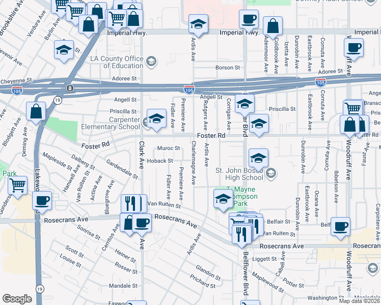 map of restaurants, bars, coffee shops, grocery stores, and more near 13426 Charlemagne Avenue in Bellflower