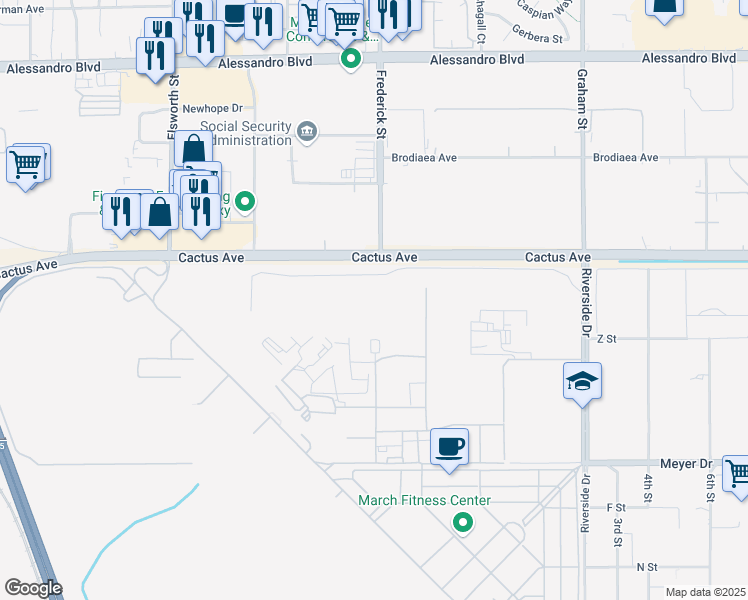 map of restaurants, bars, coffee shops, grocery stores, and more near 22765 Cactus Avenue in Moreno Valley