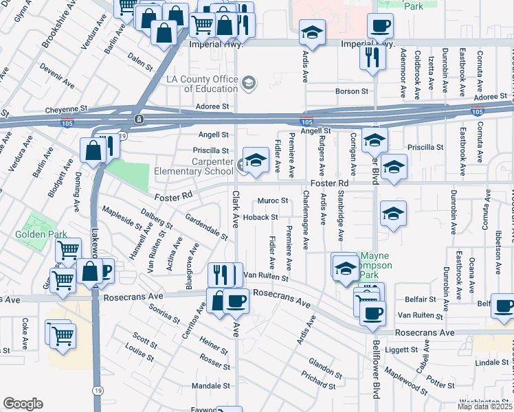 map of restaurants, bars, coffee shops, grocery stores, and more near 13506 Greenbrier Avenue in Bellflower