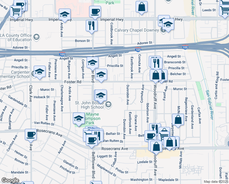 map of restaurants, bars, coffee shops, grocery stores, and more near 9825 Hoback Street in Bellflower