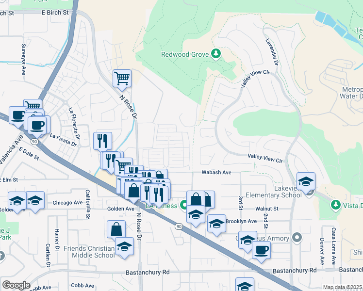 map of restaurants, bars, coffee shops, grocery stores, and more near 16959 Lake Ridge Way in Yorba Linda