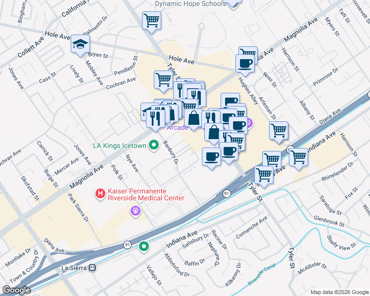 map of restaurants, bars, coffee shops, grocery stores, and more near 3675 Banbury Drive in Riverside