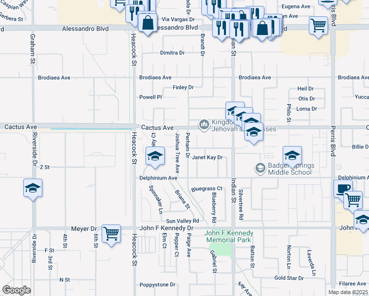 map of restaurants, bars, coffee shops, grocery stores, and more near 14605 Perham Drive in Moreno Valley