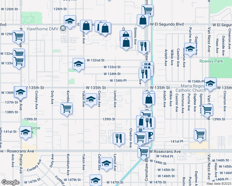 map of restaurants, bars, coffee shops, grocery stores, and more near 13520 Lemoli Avenue in Hawthorne