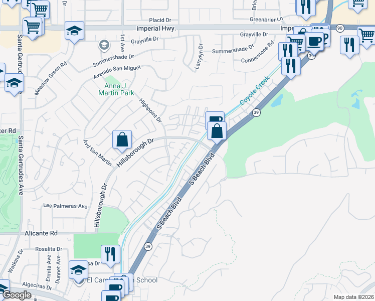 map of restaurants, bars, coffee shops, grocery stores, and more near 13617 Freemont Court in La Mirada