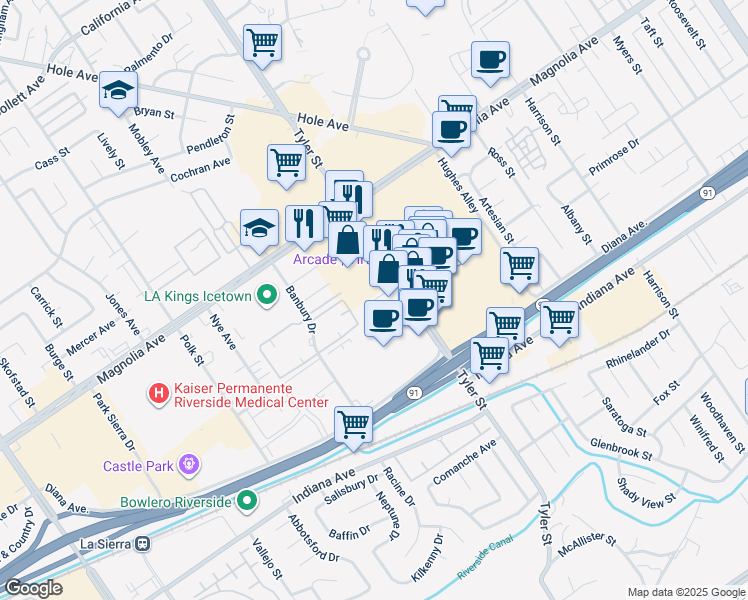 map of restaurants, bars, coffee shops, grocery stores, and more near 10398 Hemet Street in Riverside