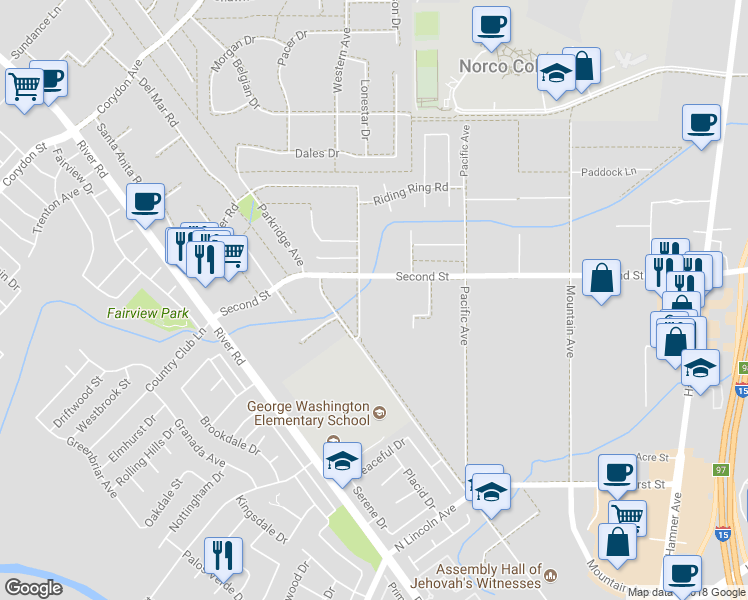 map of restaurants, bars, coffee shops, grocery stores, and more near 1817 Western Ave in Norco