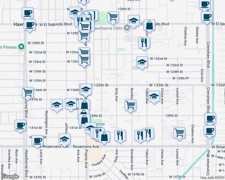 map of restaurants, bars, coffee shops, grocery stores, and more near 13515 Doty Avenue in Hawthorne