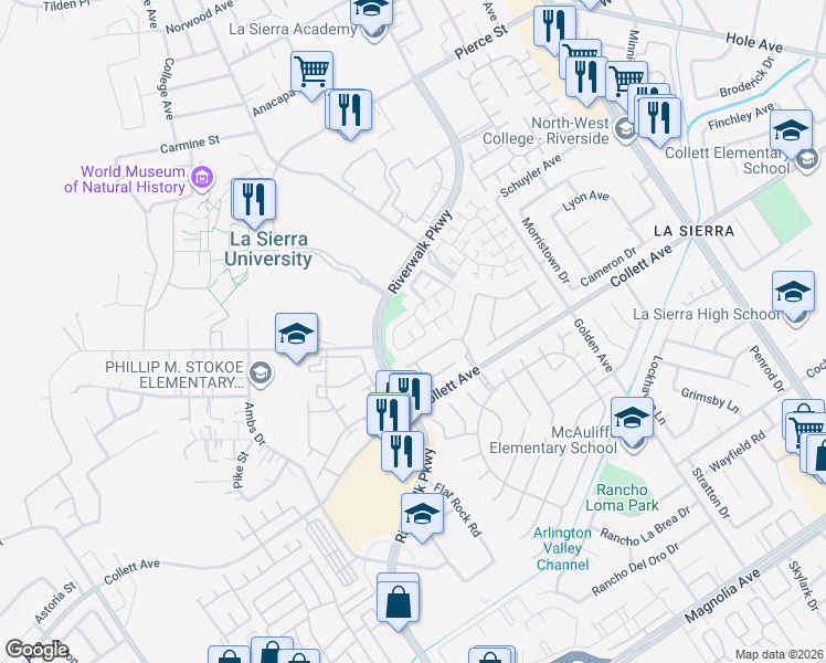 map of restaurants, bars, coffee shops, grocery stores, and more near 4437 Parkcourt Lane in Riverside