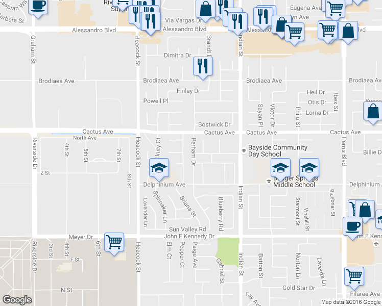 map of restaurants, bars, coffee shops, grocery stores, and more near 14594 Perham Drive in Moreno Valley