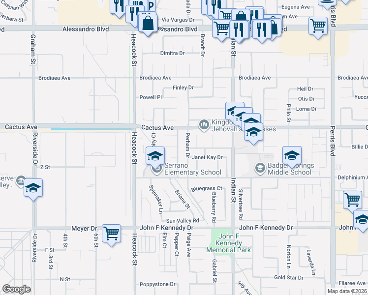 map of restaurants, bars, coffee shops, grocery stores, and more near 24214 Jimson Place in Moreno Valley