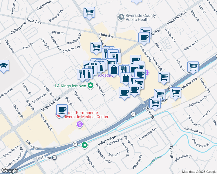 map of restaurants, bars, coffee shops, grocery stores, and more near 10406 Allenby Street in Riverside