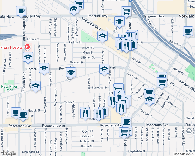 map of restaurants, bars, coffee shops, grocery stores, and more near 13506 Roseton Avenue in Norwalk