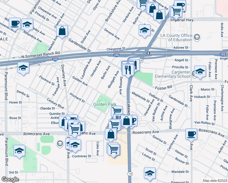 map of restaurants, bars, coffee shops, grocery stores, and more near 13213 Deming Avenue in Downey