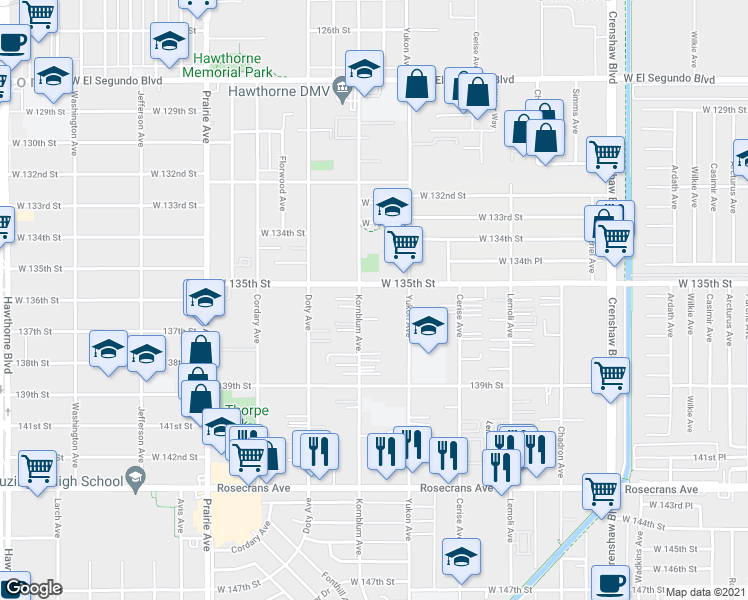 map of restaurants, bars, coffee shops, grocery stores, and more near 3636 West 135th Street in Hawthorne