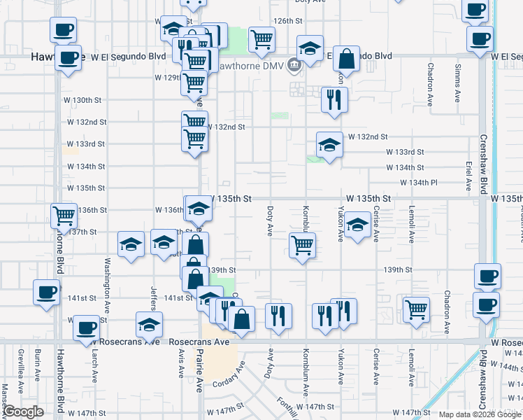 map of restaurants, bars, coffee shops, grocery stores, and more near 13511 Doty Avenue in Hawthorne