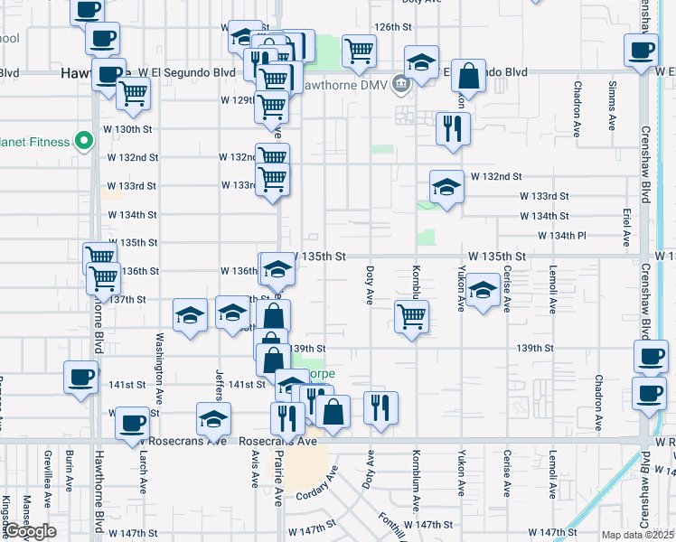 map of restaurants, bars, coffee shops, grocery stores, and more near 3844 West 135th Street in Hawthorne