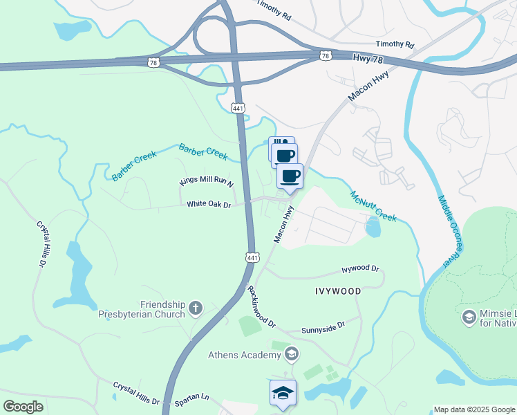 map of restaurants, bars, coffee shops, grocery stores, and more near 1040 White Oak Drive in Athens