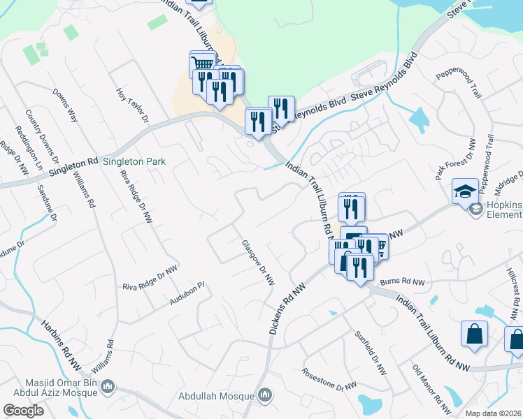 map of restaurants, bars, coffee shops, grocery stores, and more near 4960 Cold Springs Drive Northwest in Lilburn