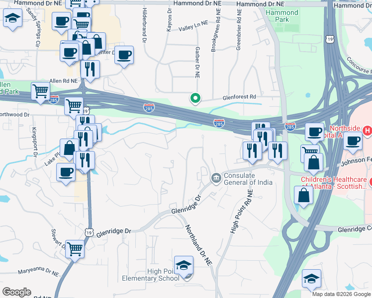 map of restaurants, bars, coffee shops, grocery stores, and more near 5615 Kayron Drive in Atlanta