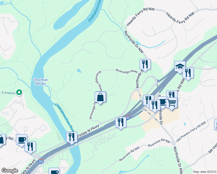 map of restaurants, bars, coffee shops, grocery stores, and more near 1500 Riveredge Parkway in Atlanta