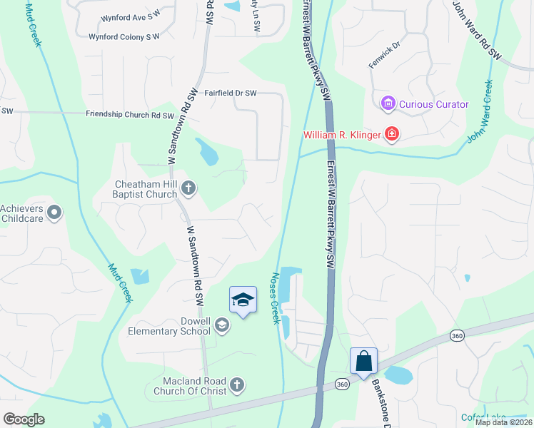 map of restaurants, bars, coffee shops, grocery stores, and more near 1883 Dovonshire Road South West in Marietta