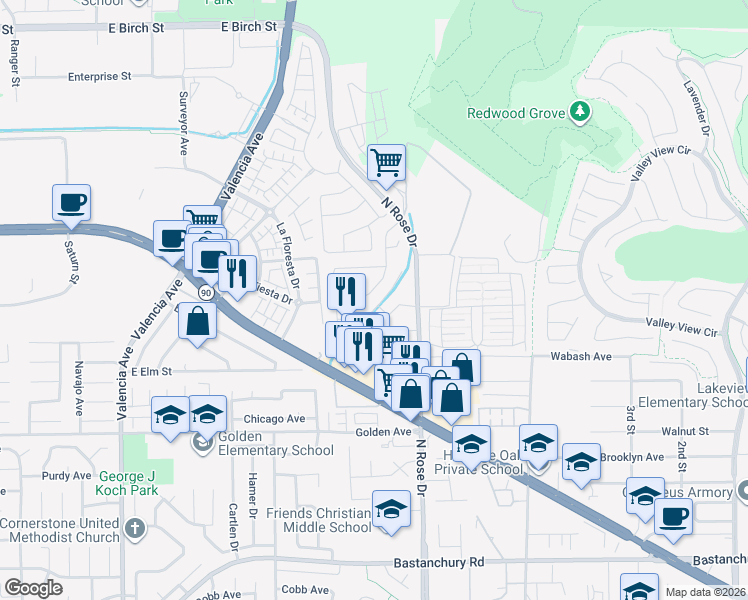 map of restaurants, bars, coffee shops, grocery stores, and more near 364 Vesuvius Drive in Brea