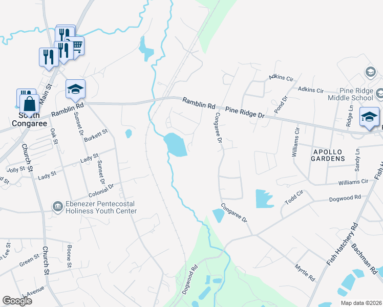 map of restaurants, bars, coffee shops, grocery stores, and more near 1512 Anthony Drive in West Columbia