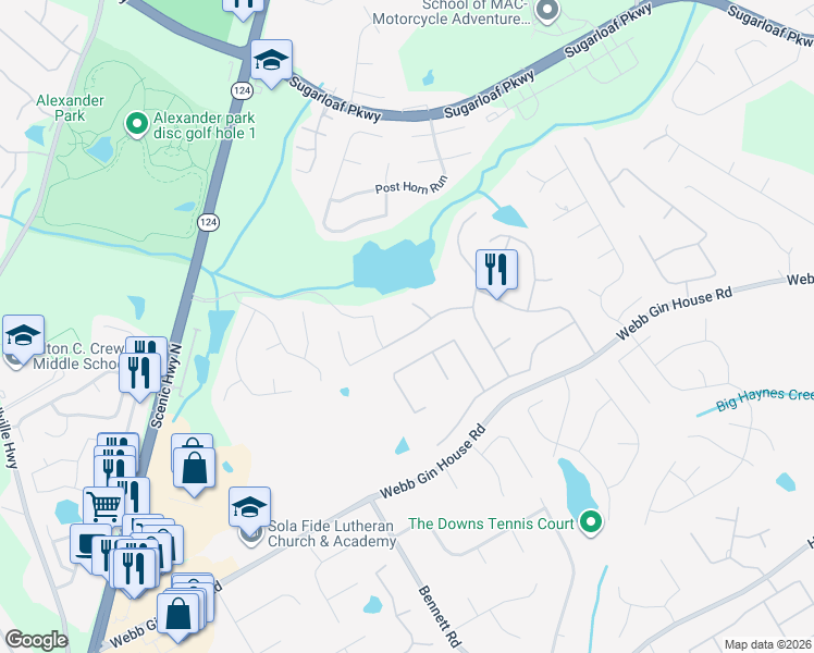 map of restaurants, bars, coffee shops, grocery stores, and more near 1131 Dayspring Court in Lawrenceville