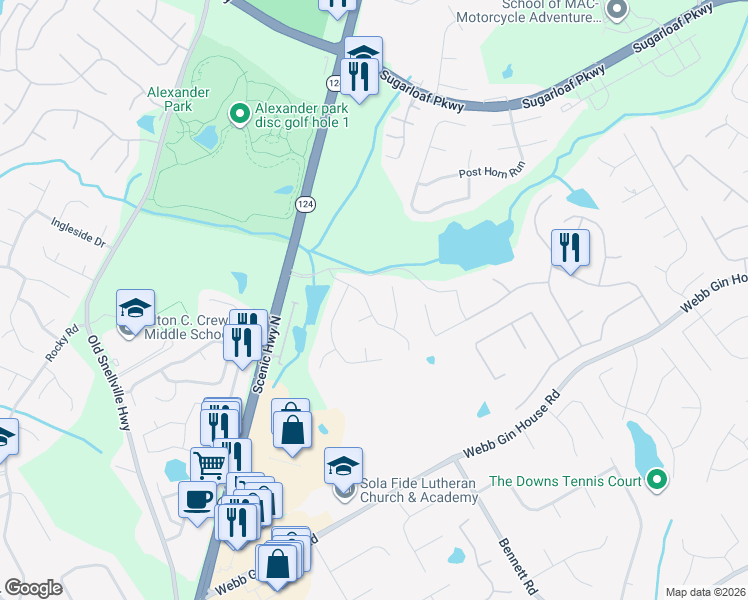 map of restaurants, bars, coffee shops, grocery stores, and more near 1029 Shady Spring Court in Lawrenceville
