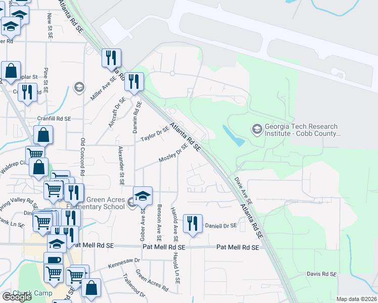 map of restaurants, bars, coffee shops, grocery stores, and more near 740 Mozley Drive Southeast in Smyrna