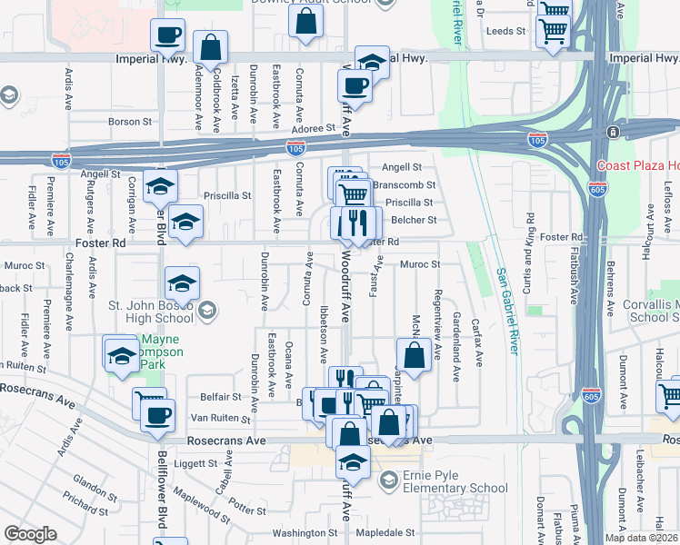map of restaurants, bars, coffee shops, grocery stores, and more near 10246 Muroc Street in Bellflower