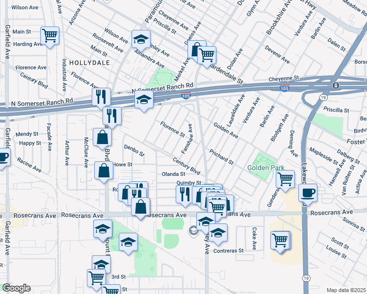 map of restaurants, bars, coffee shops, grocery stores, and more near 13623 Fanshaw Avenue in Paramount