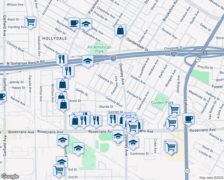 map of restaurants, bars, coffee shops, grocery stores, and more near 13623 Fanshaw Avenue in Paramount
