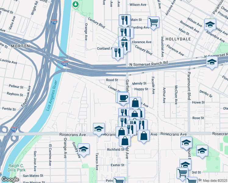 map of restaurants, bars, coffee shops, grocery stores, and more near 7440 Mendy Street in Paramount