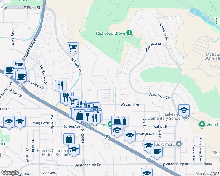 map of restaurants, bars, coffee shops, grocery stores, and more near 3708 Lake Crest Drive in Yorba Linda