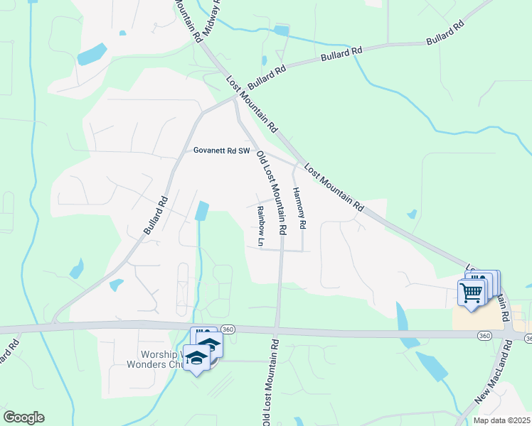 map of restaurants, bars, coffee shops, grocery stores, and more near 1847 Rainbow Lane in Powder Springs