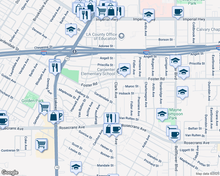map of restaurants, bars, coffee shops, grocery stores, and more near 9319 Muroc Street in Bellflower