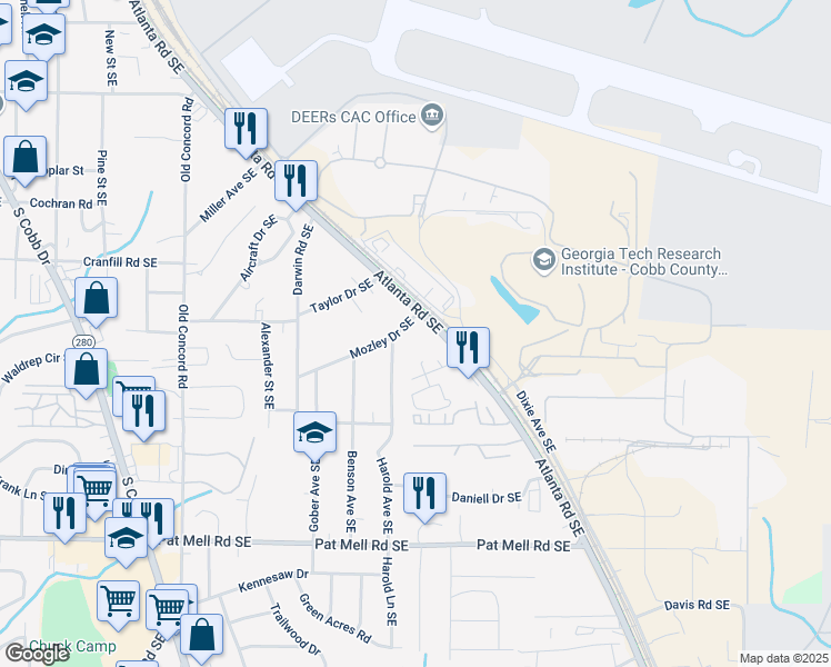 map of restaurants, bars, coffee shops, grocery stores, and more near 740 Mozley Drive Southeast in Smyrna