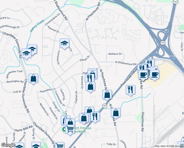 map of restaurants, bars, coffee shops, grocery stores, and more near 2188 Plantation Lane in Chamblee