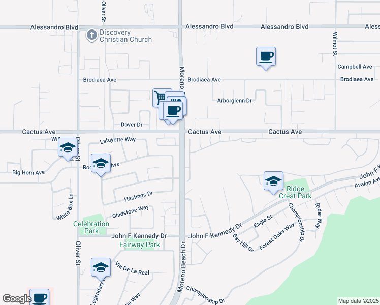 map of restaurants, bars, coffee shops, grocery stores, and more near Belleterre Avenue & Muirfield Street in Moreno Valley