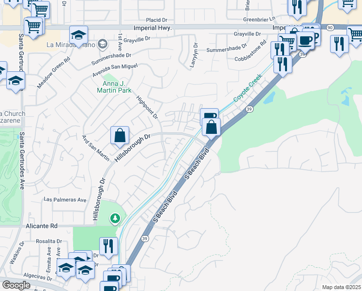 map of restaurants, bars, coffee shops, grocery stores, and more near 13621 Freemont Court in La Mirada