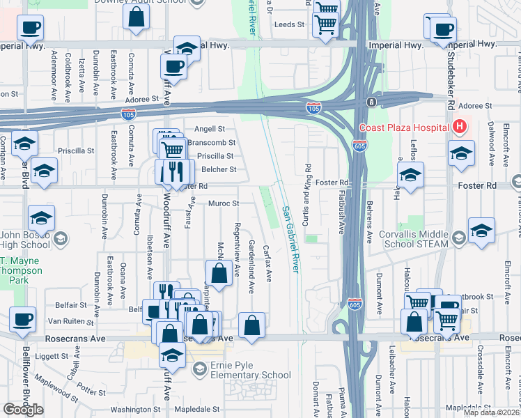 map of restaurants, bars, coffee shops, grocery stores, and more near 13612 Carfax Avenue in Bellflower