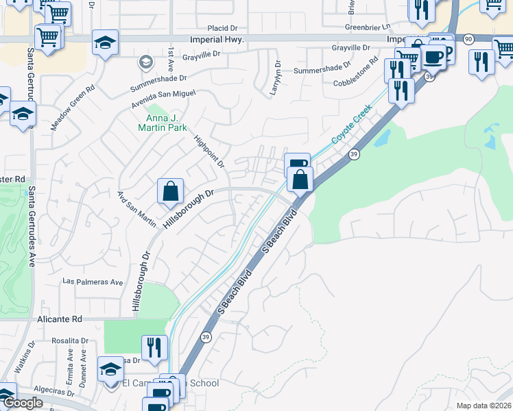 map of restaurants, bars, coffee shops, grocery stores, and more near 13617 Freemont Court in La Mirada